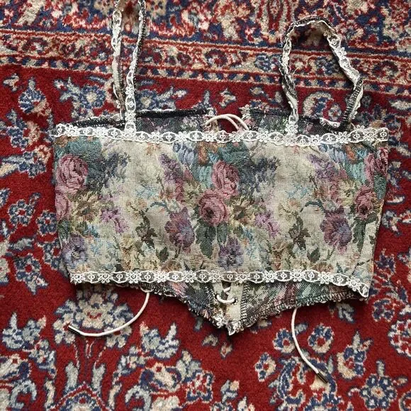 Corset Crop Top Womens S Floral Cottagecore Tapestry Lace Up Festival - Picture 5 of 6